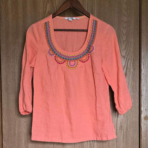 Boden 100% Linen Coral Beaded Boho Top